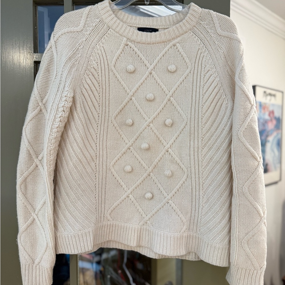 J. Crew Women's Cable Pom-Pom Cream Crew Neck Sweater, 100% Wool, Size Small